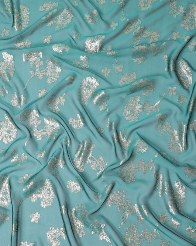 قماش غارباسار من الشيفون الحريري الخالص باللون الأزرق المخضر مع اللوريكس المعدني الذهبي بتصميم الأزهار-D12409