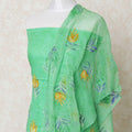Pastel green blended cotton lawn fabric with same tone, mustard embroidery and stone work in floral design-D12027