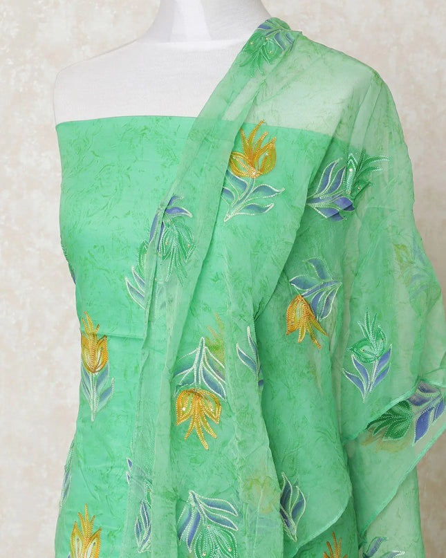 Pastel green blended cotton lawn fabric with same tone, mustard embroidery and stone work in floral design-D12027 Regal Fabrics