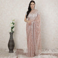 Salmon pink, light gold Premium pure French metallic lace saree having stone work in floral design-D14482