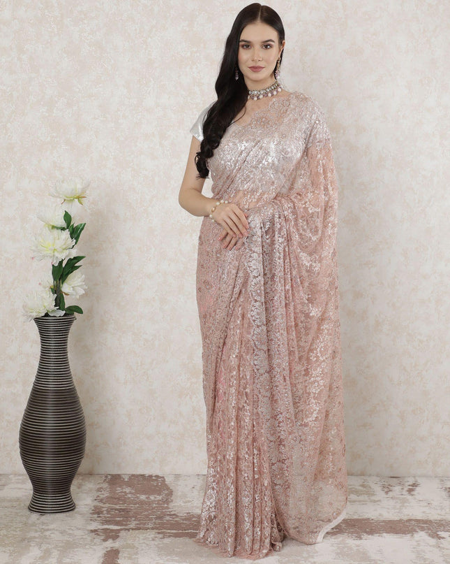 Salmon pink, light gold Premium pure French metallic lace saree having stone work in floral design-D14482
