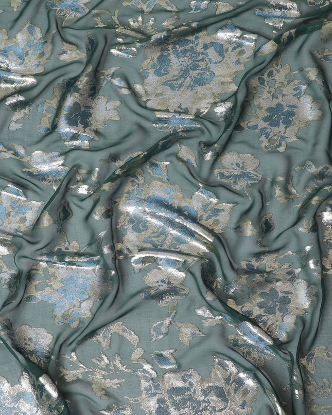 قماش شيفون من الحرير الخالص الفاخر باللون الأخضر مع الفيسكوز الأزرق الفاتح والوركس المعدني الذهبي بتصميم الأزهار-D12518
