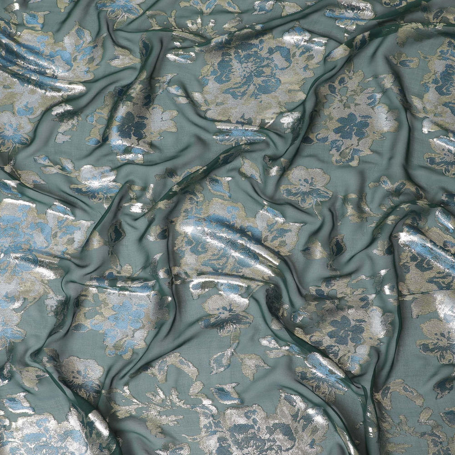 Bottle green premium pure silk chiffon fabric with baby blue viscose and gold metallic lurex in floral design-D12518 Regal Fabrics