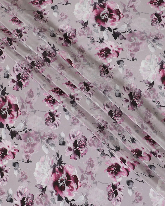Periwinkle purple viscose crepe fabric with same tone, baby pink and black print in floral design-D13818 Regal Fabrics