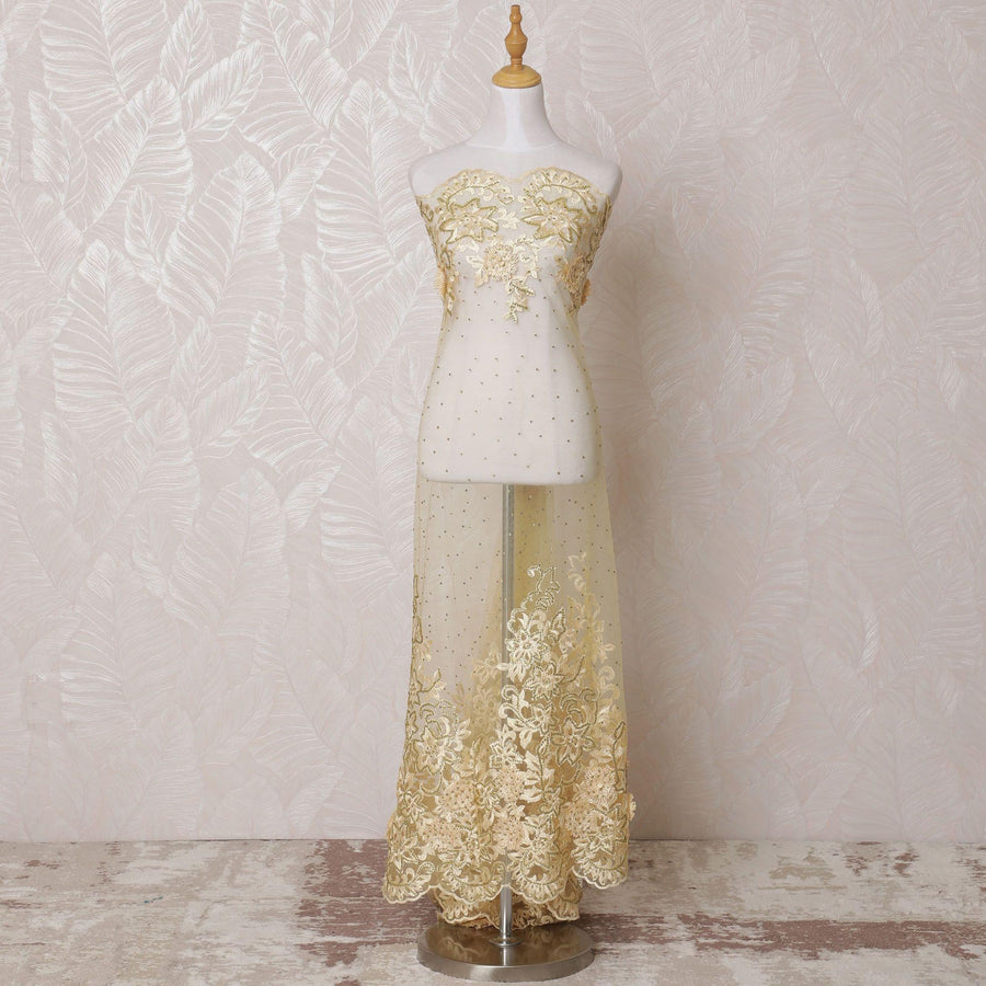 قماش تول نايلون ذهبي مع تطريز بنفس اللون مع أعمال حجرية بتصميم فاخر - D14708