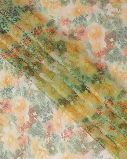 قماش شيفون حريري نقي فاخر متعدد الألوان مع لوريكس معدني أخضر نيون بتصميم زهور-D15462