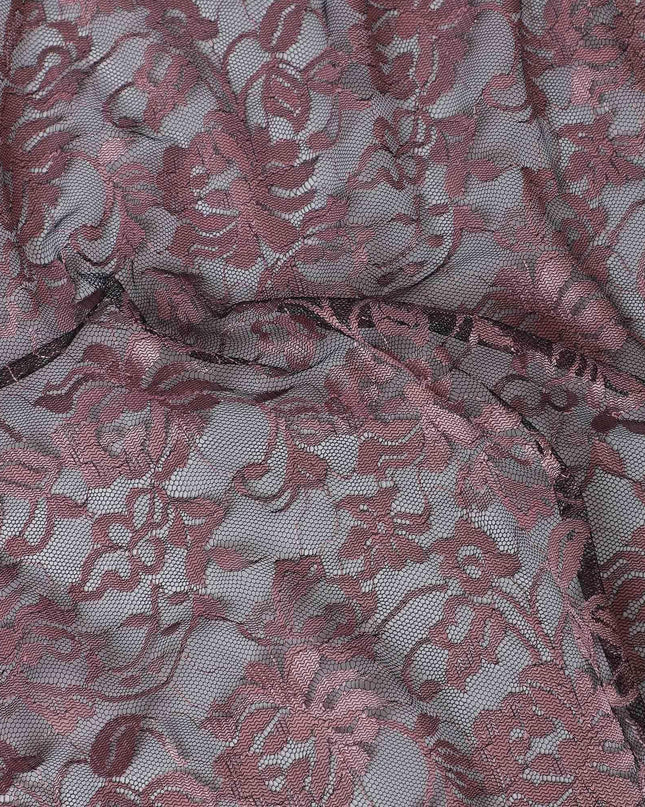 Black lace fabric with light pink embroidery in floral design-D13285