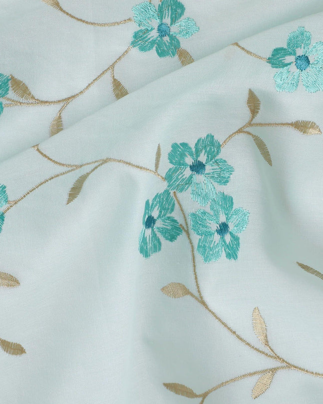 Baby blue Premium cotton voile fabric with same tone and beige embroidery in floral design-D13127