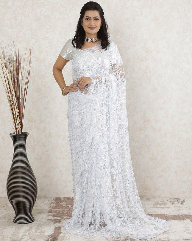 White Premium Pure French chantilly lace saree having stone work in floral design-D13462