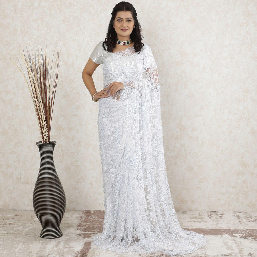 White Premium Pure French chantilly lace saree having stone work in floral design-D13462