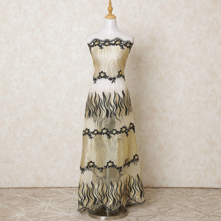 Gold nylon tulle fabric with same tone, black embroidery having stone work in fancy design-D12207