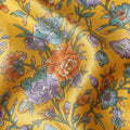 قماش الساتان الحريري الأصفر الهندباء مع طبعات باللون الأخضر والبرتقالي والبنفسجي بتصميم الأزهار-D11141