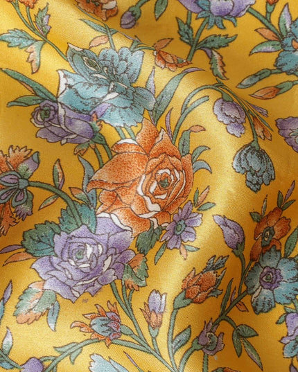 قماش الساتان الحريري الأصفر الهندباء مع طبعات باللون الأخضر والبرتقالي والبنفسجي بتصميم الأزهار-D11141