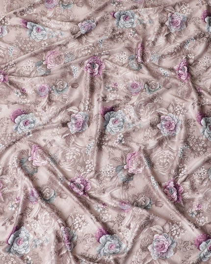 Light brown synthetic crepe fabric with multicolor print having stone work in floral design-D15311