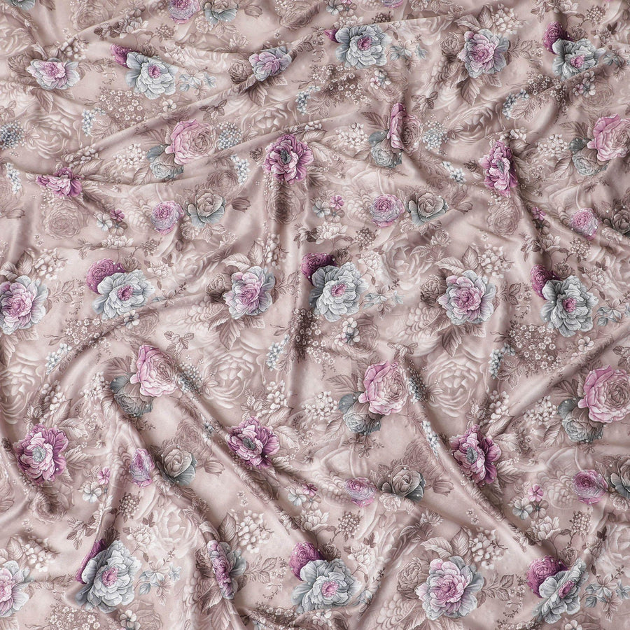Light brown synthetic crepe fabric with multicolor print having stone work in floral design-D15311