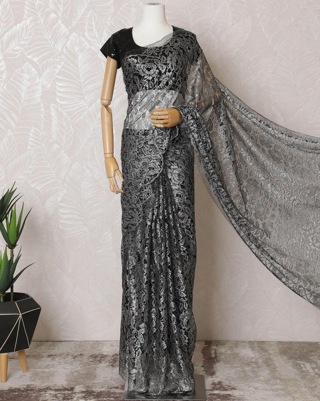 Black, Silver Premium pure French metallic chantilly lace saree in floral design-D15547