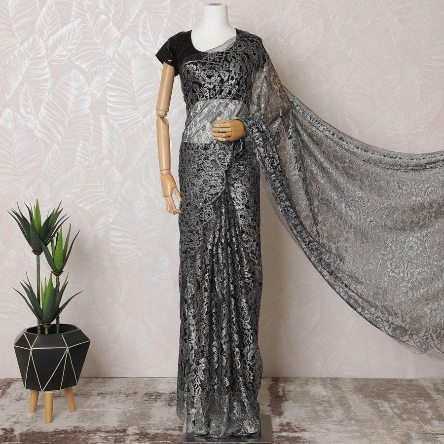 Black, Silver Premium pure French metallic chantilly lace saree in floral design-D15547