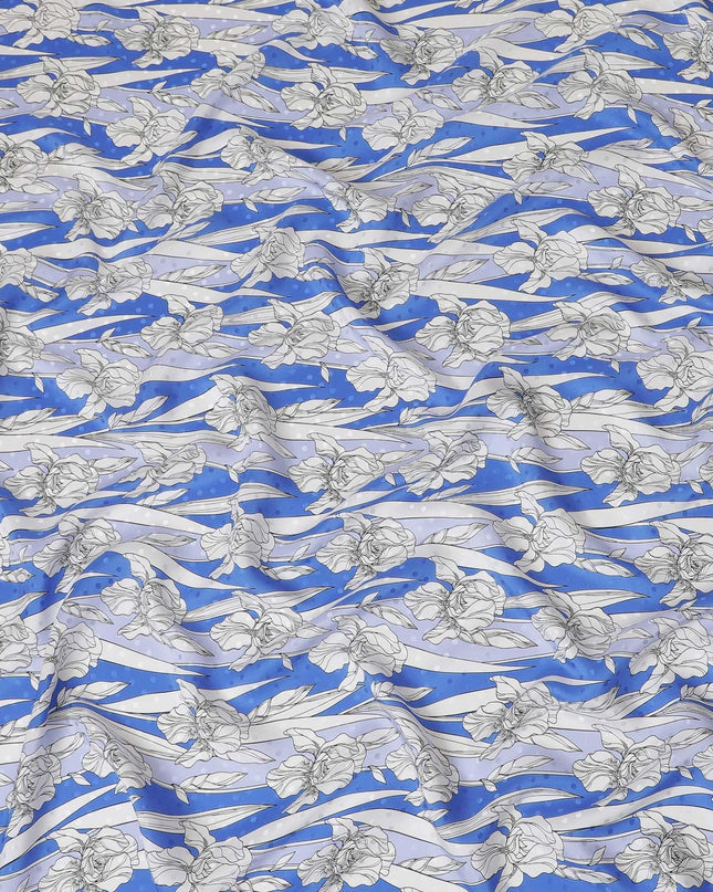 قماش ساتان حريري إيطالي خالص فاخر باللون الرمادي اللؤلؤي مع جاكار بنفس اللون مع طباعة متعددة الألوان ولوريكس معدني ذهبي بتصميم زهور-14306