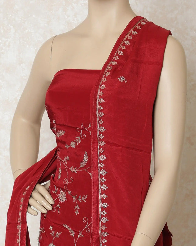 Crimson red silk crepe kameez with gold embroidery having sequin work in floral design. Crimson red plain salwar with silk dupatta having gold embroidery-D12676 Regal Fabrics