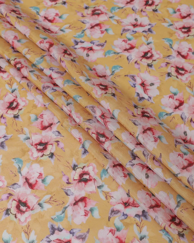 Mustard yellow blended viscose fabric with multicolor print in floral design-D13313 Regal Fabrics