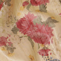 Light gold tussar silk fabric with cerise pink, olive green, light mustard and brown print in floral design-D6136 Regal Fabrics