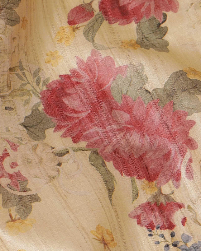 Light gold tussar silk fabric with cerise pink, olive green, light mustard and brown print in floral design-D6136