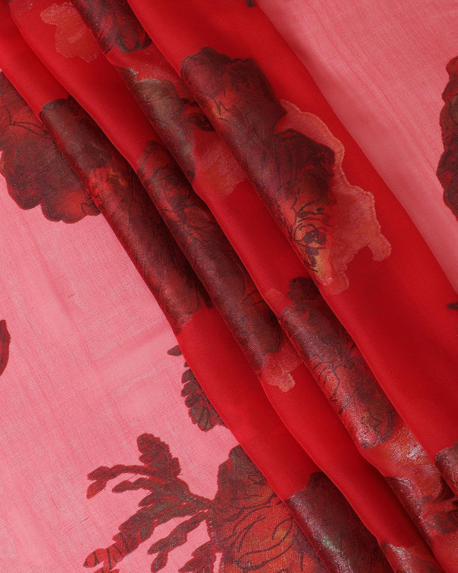 قماش من الشيفون الحريري الخالص الفاخر باللون الأحمر القرمزي مع لوركس معدني متعدد الألوان بتصميم الأزهار -D9700