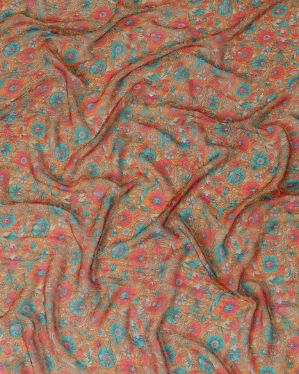 قماش كريب من الحرير الخالص باللون الأصفر الخردلي مع طباعة باللون الأحمر والأخضر الغار والأزرق الفيروزي بتصميم الأزهار-D8183