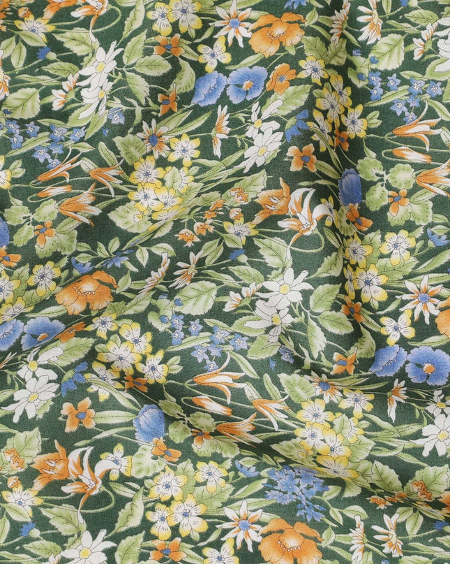 Forest green cotton lawn fabric with multicolor print in floral design-D15226 Regal Fabrics