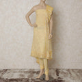 Blonde yellow georgette kameez with same tone embroidery having sequin, bead work and stone work in floral design. Blonde yellow plain salwar having silk organza dupatta with bead work and stone work-D12671