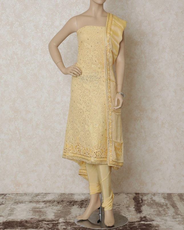 Blonde yellow georgette kameez with same tone embroidery having sequin, bead work and stone work in floral design. Blonde yellow plain salwar having silk organza dupatta with bead work and stone work-D12671
