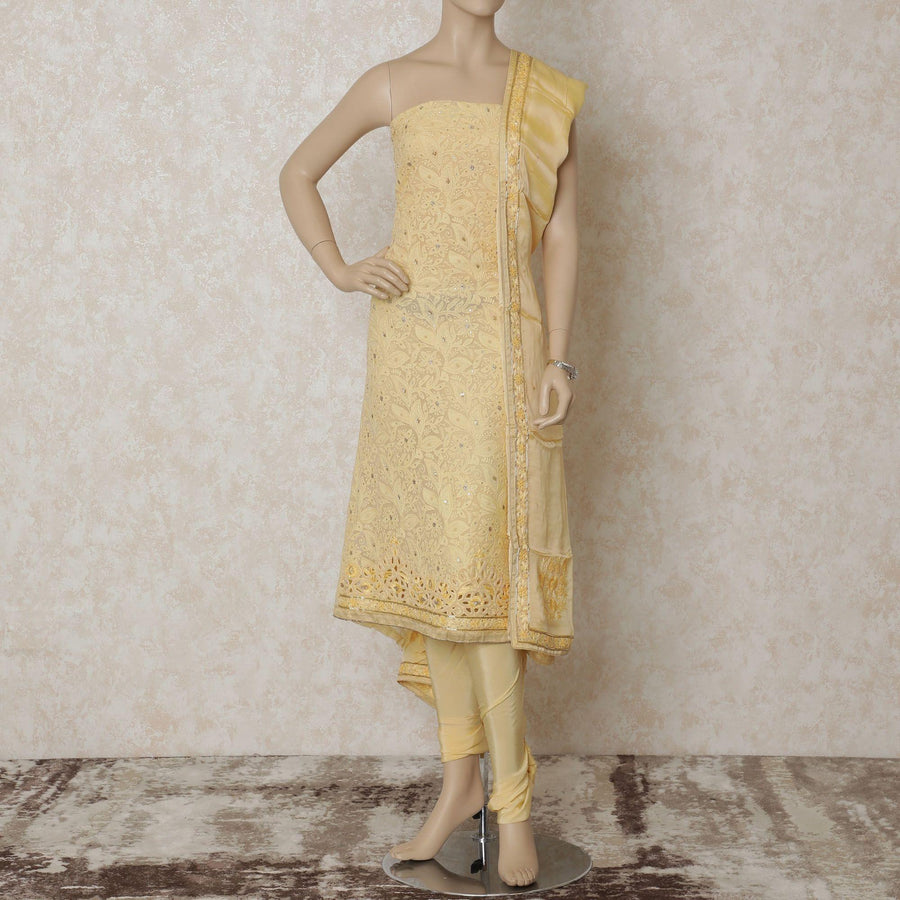 Blonde yellow georgette kameez with same tone embroidery having sequin, bead work and stone work in floral design. Blonde yellow plain salwar having silk organza dupatta with bead work and stone work-D12671