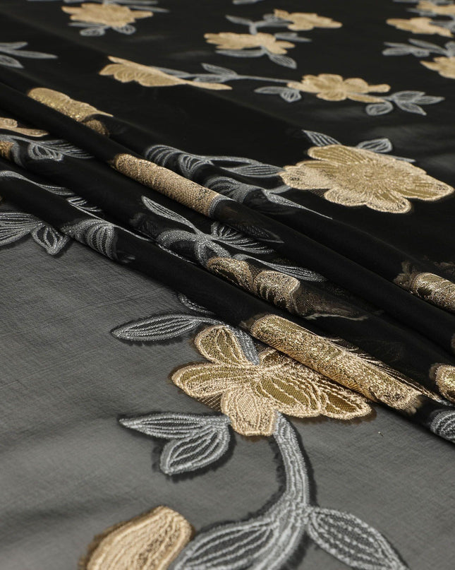 Black French silk chiffon fabric with steel grey, beige viscose and golden metallic lurex in floral design