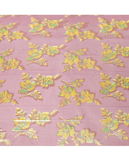 قماش شيفون صناعي مطبوع باللون الوردي كانون مع لوركس معدني متعدد الألوان بتصميم زهور - D9742