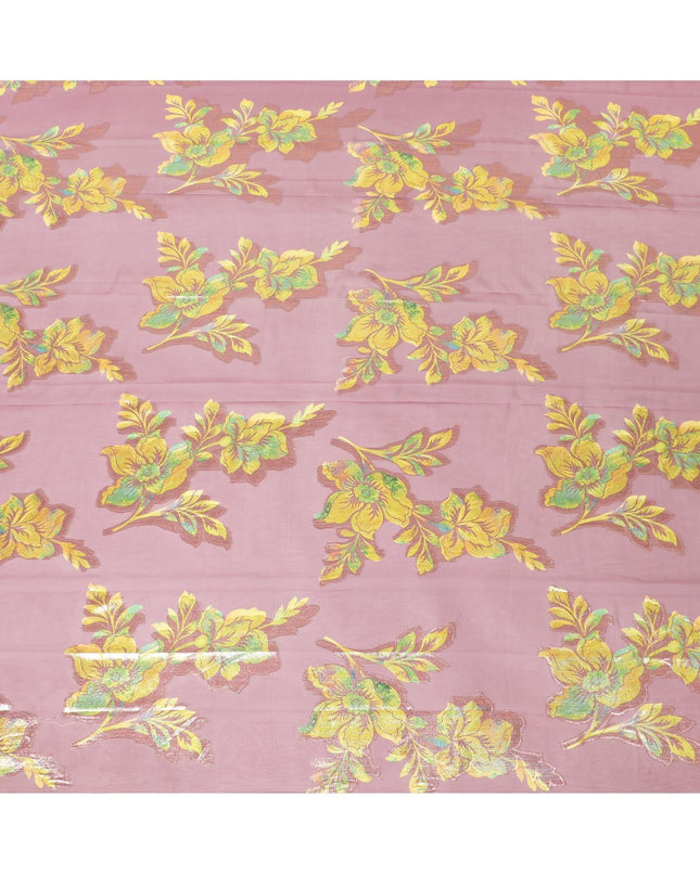 قماش شيفون صناعي مطبوع باللون الوردي كانون مع لوركس معدني متعدد الألوان بتصميم زهور - D9742