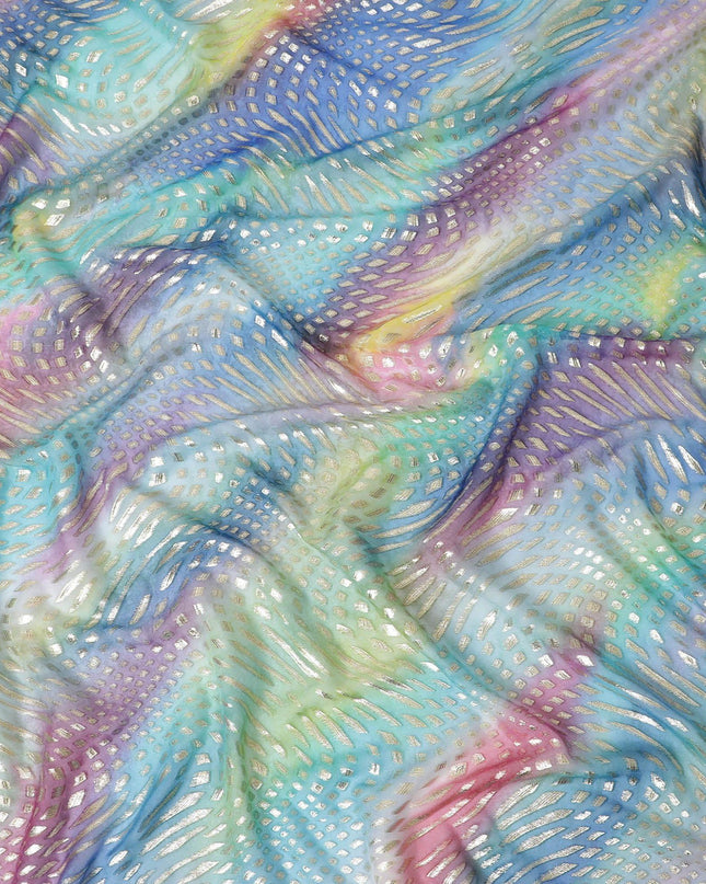 قماش شيفون حريري نقي ممتاز متعدد الألوان مع لوركس معدني ذهبي وفضي بتصميم تجريدي-D12429