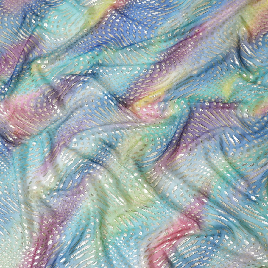 Multicolor Premium pure printed silk chiffon fabric with gold and silver metallic lurex in abstract design-D12429 Regal Fabrics