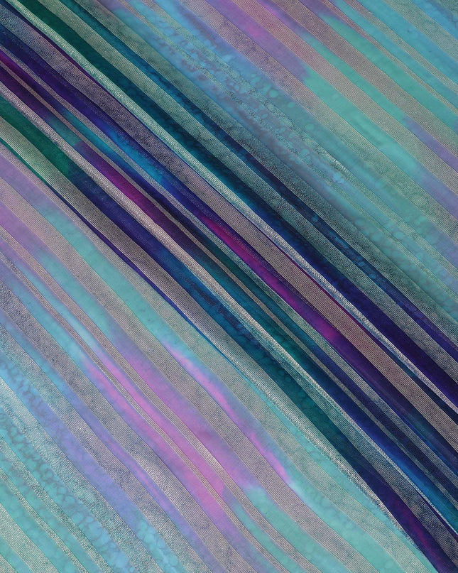 قماش شيفون حريري فاخر مطبوع يدويًا متعدد الألوان مع لوركس معدني ذهبي بتصميم مخطط-D12400