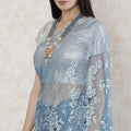 Baby blue, silver Premium pure French chantilly lace saree having stone work in floral design-D14485