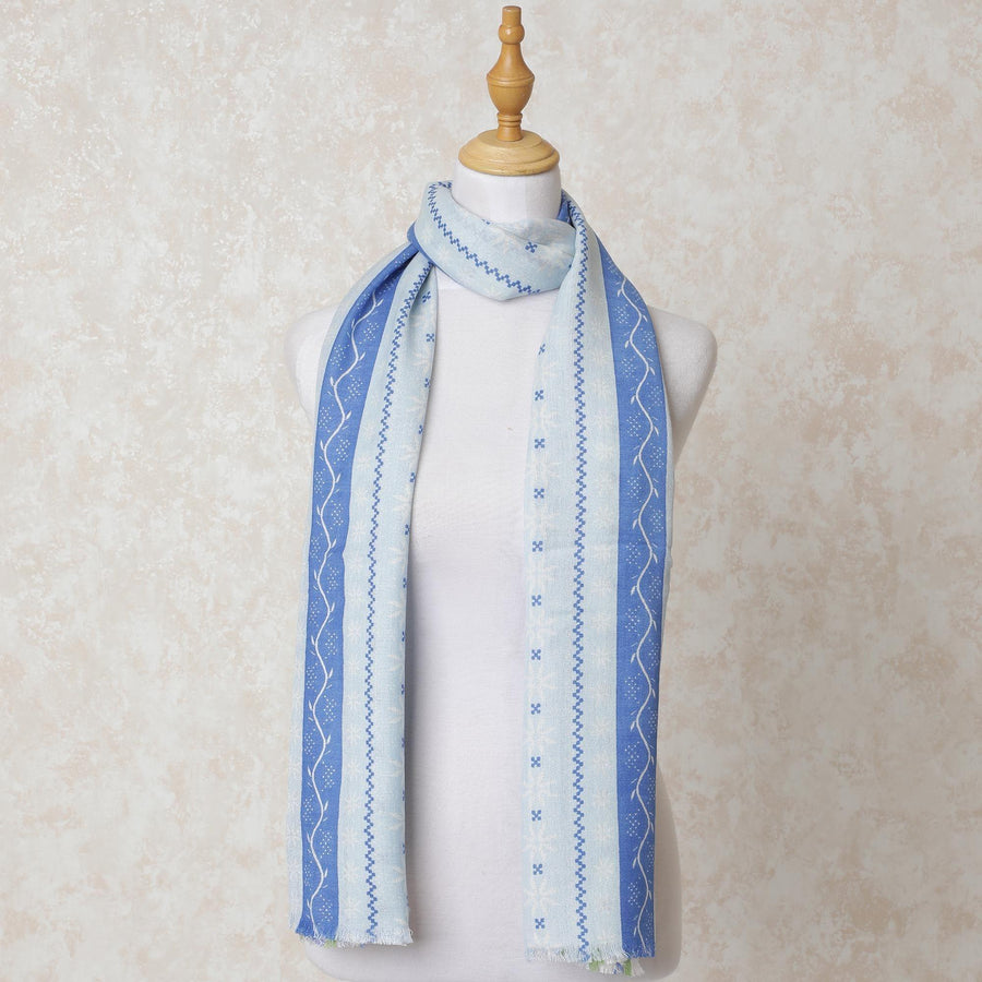 Cream poly cotton scarf with blue, pastel green, powder blue and off white print in stripe design-D10689