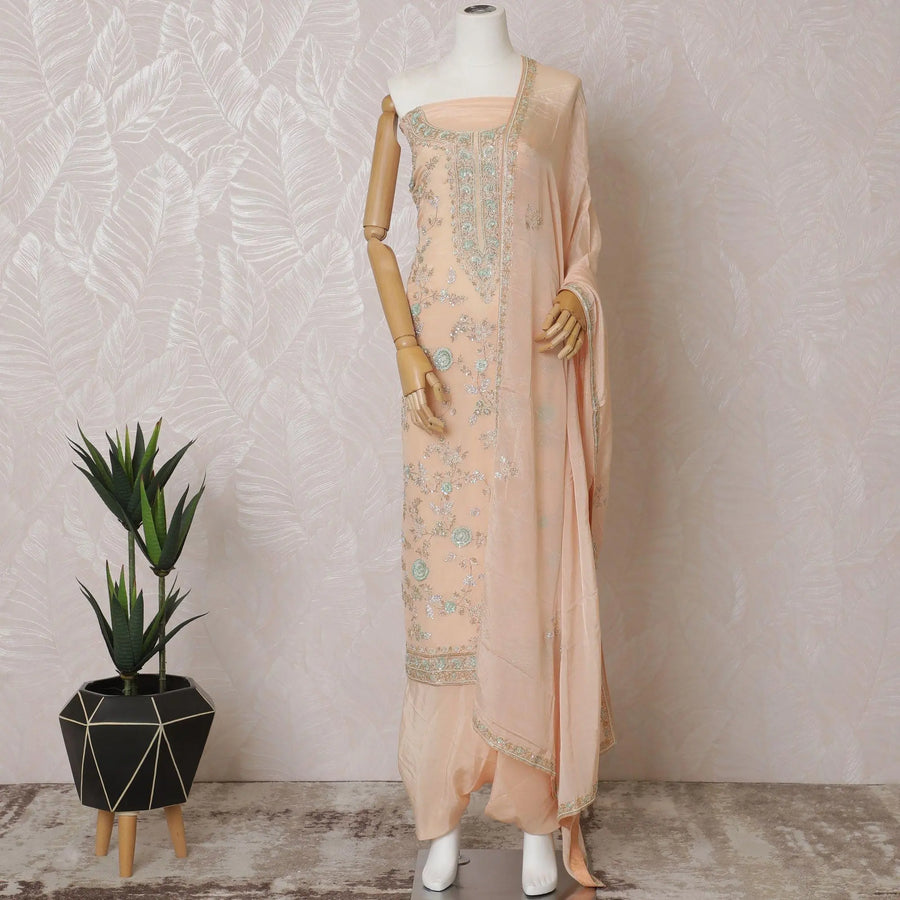 Light peach Premium pure silk crepe kameez with mint green embroidery, sequin work and stone work in floral design. Light peach plain salwar with same tone chiffon dupatta with same tone embroidery and bead work-D15577 Regal Fabrics