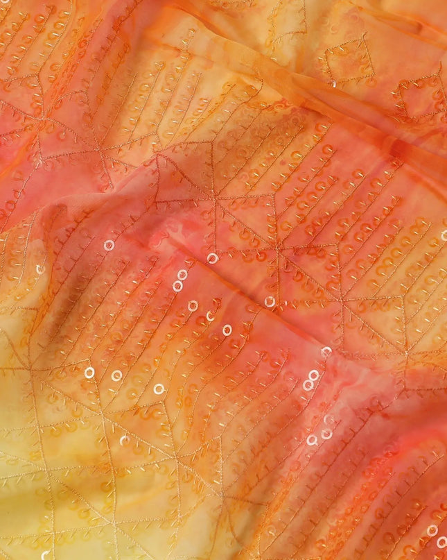 Tangerine orange & light yellow synthetic chiffon fabric with transparent sequins and embroidery in geometric design Regal Fabrics