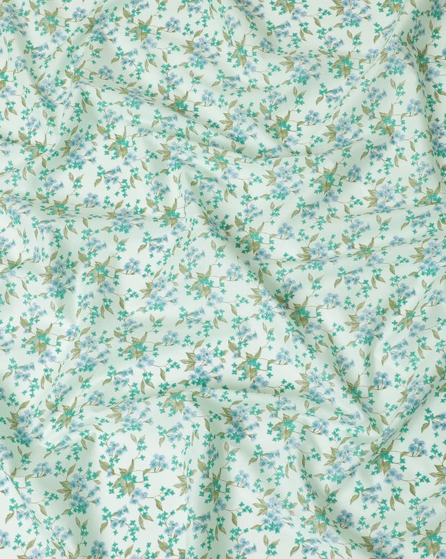 Tea green cotton lawn fabric with olive green, baby blue and pastel green print in floral design-D10642 Regal Fabrics