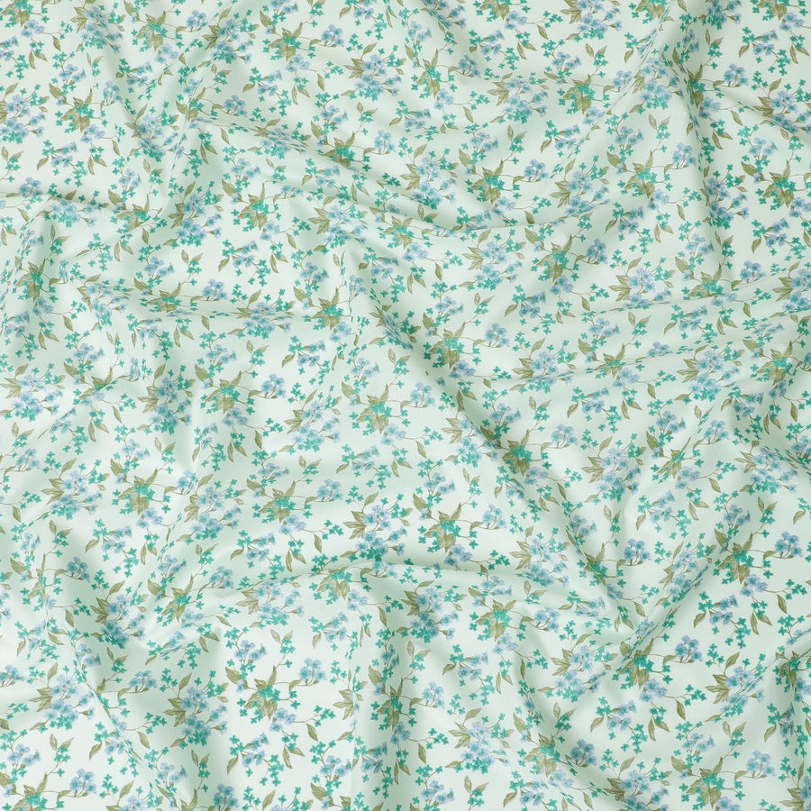 قماش قطني أخضر الشاي مع طباعة باللون الأخضر الزيتوني والأزرق الفاتح والأخضر الباستيل بتصميم الأزهار-D10642