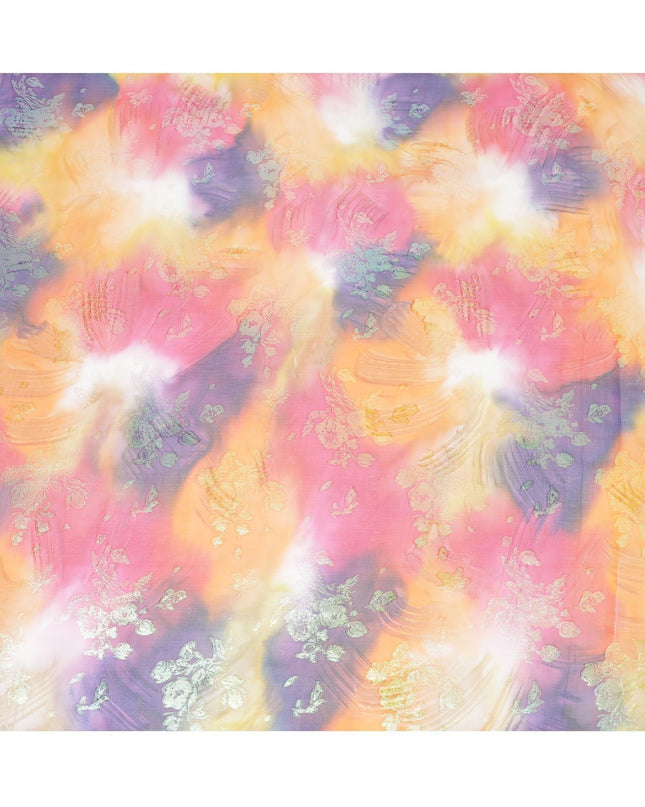 قماش شيفون حريري نقي فاخر متعدد الألوان مع لوريكس معدني أخضر نيون بتصميم زهور-D9322