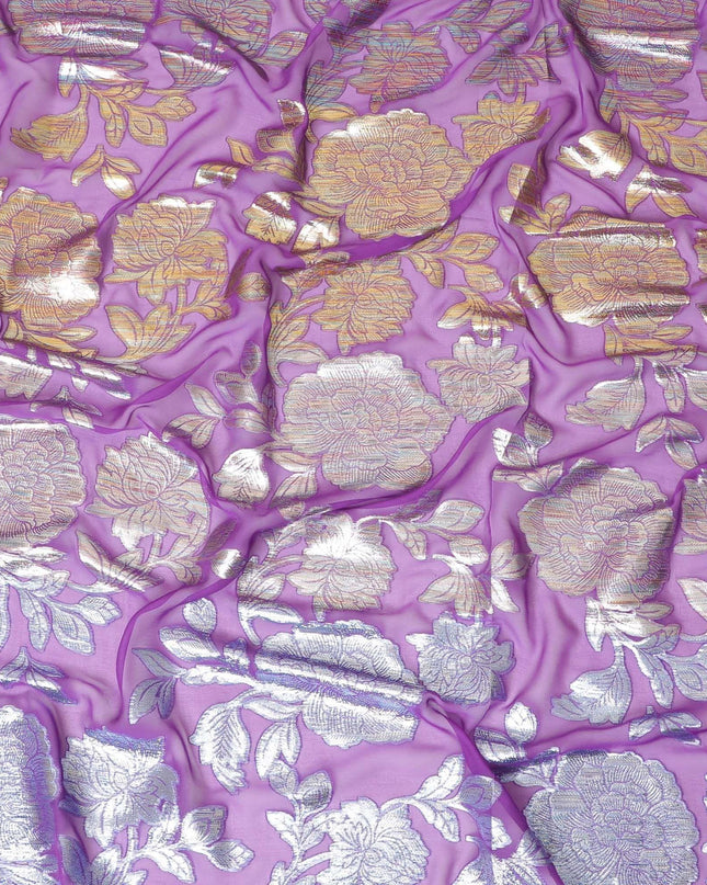 قماش شيفون من الحرير الخالص باللون الأرجواني مع لوركس معدني متعدد الألوان بتصميم زهور -D8936