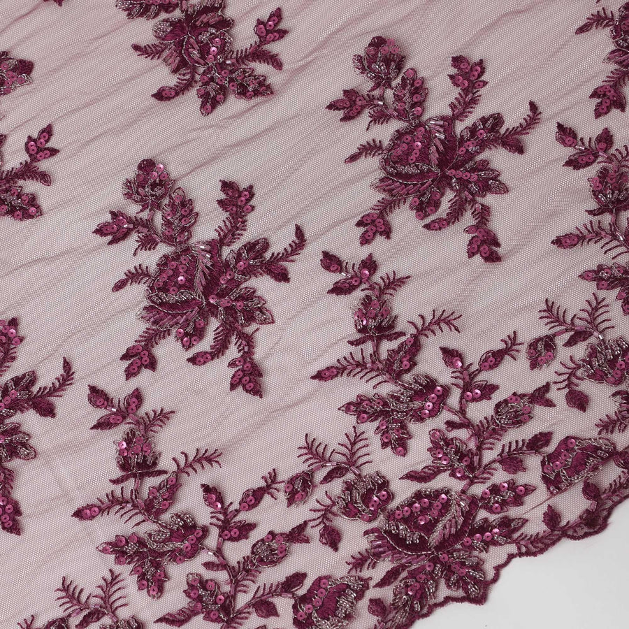 قماش تول نايلون بلون البرقوق مع تطريز البرقوق والبرقوق والترتر والأحجار بتصميم الأزهار