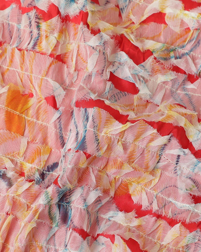 Blood red synthetic chiffon fabric with off white and same tone patchwork in fancy design-D11671