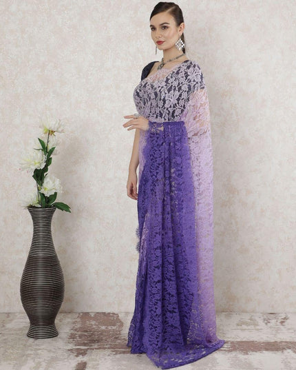 Light Lilac to purple Premium pure French chantilly lace saree in ombre design-D14531