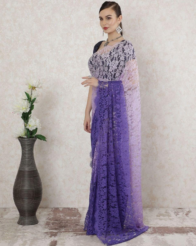 Light Lilac to purple Premium pure French chantilly lace saree in ombre design-D14531